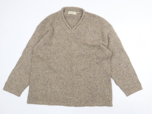 Topman Mens Beige V-Neck Acrylic Pullover Jumper Size L Long Sleeve