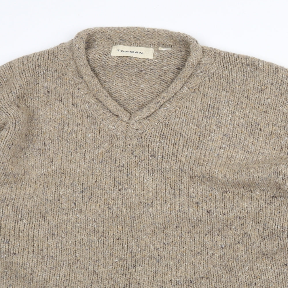 Topman Mens Beige V-Neck Acrylic Pullover Jumper Size L Long Sleeve