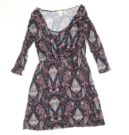 H&M Womens Blue Paisley Viscose Mini Size S Scoop Neck Pullover