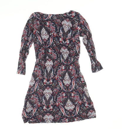H&M Womens Blue Paisley Viscose Mini Size S Scoop Neck Pullover