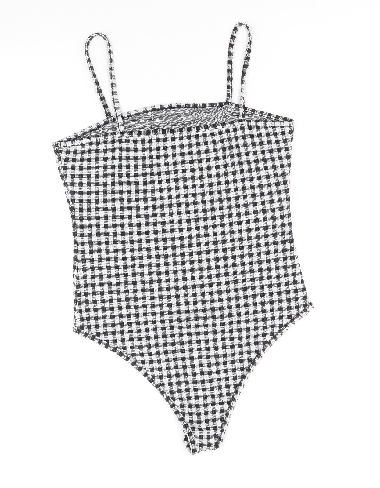 Primark Womens Black Check Polyester Bodysuit One-Piece Size S Snap