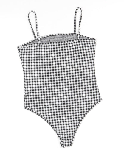 Primark Womens Black Check Polyester Bodysuit One-Piece Size S Snap