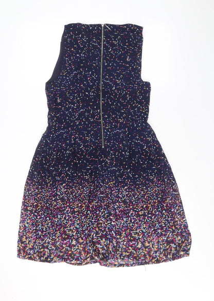 Voulez Vous Womens Blue Geometric Polyester Fit & Flare Size 12 V-Neck Zip