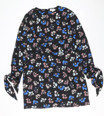 Warehouse Womens Black Floral Polyester Shift Size 14 Scoop Neck Zip - Tie Sleeve Detail