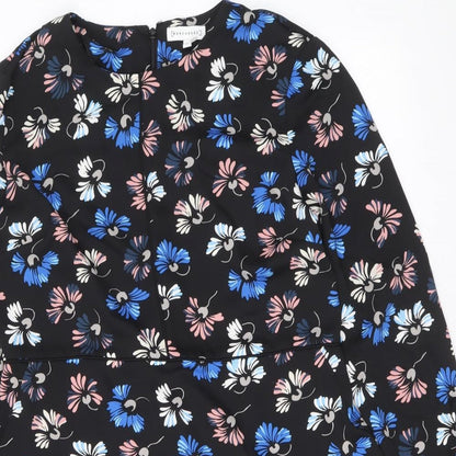 Warehouse Womens Black Floral Polyester Shift Size 14 Scoop Neck Zip - Tie Sleeve Detail