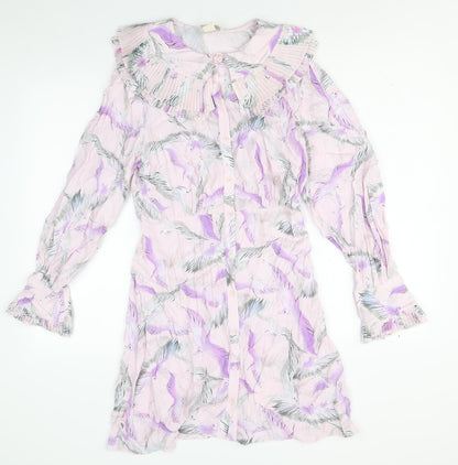 H&M Womens Pink Geometric Viscose Shirt Dress Size 10 Collared Button - Crane Print, Pleated Peter Pan Collar