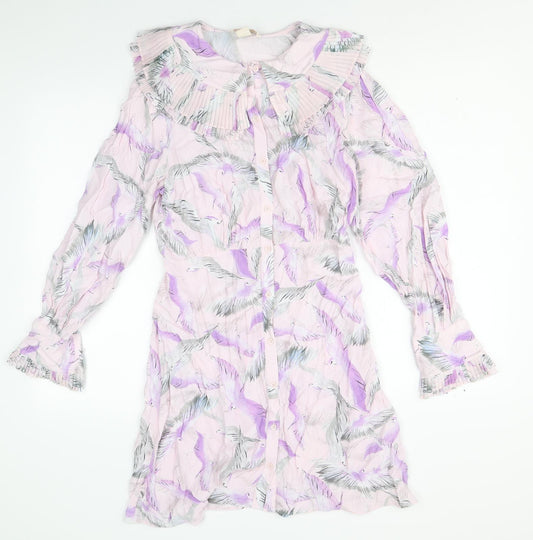 H&M Womens Pink Geometric Viscose Shirt Dress Size 10 Collared Button - Crane Print, Pleated Peter Pan Collar