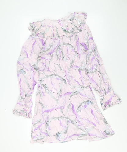 H&M Womens Pink Geometric Viscose Shirt Dress Size 10 Collared Button - Crane Print, Pleated Peter Pan Collar