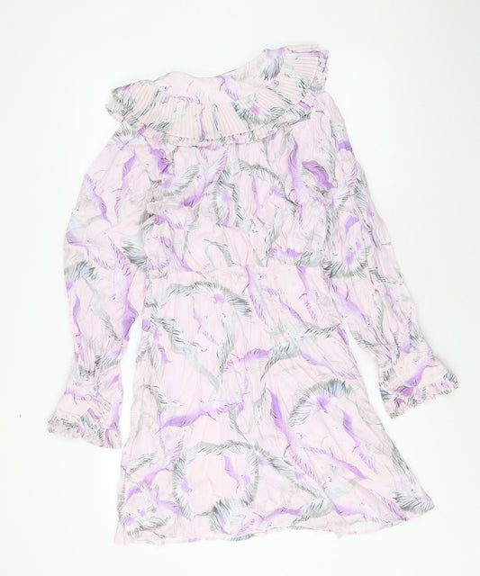 H&M Womens Pink Geometric Viscose Shirt Dress Size 10 Collared Button - Crane Print, Pleated Peter Pan Collar