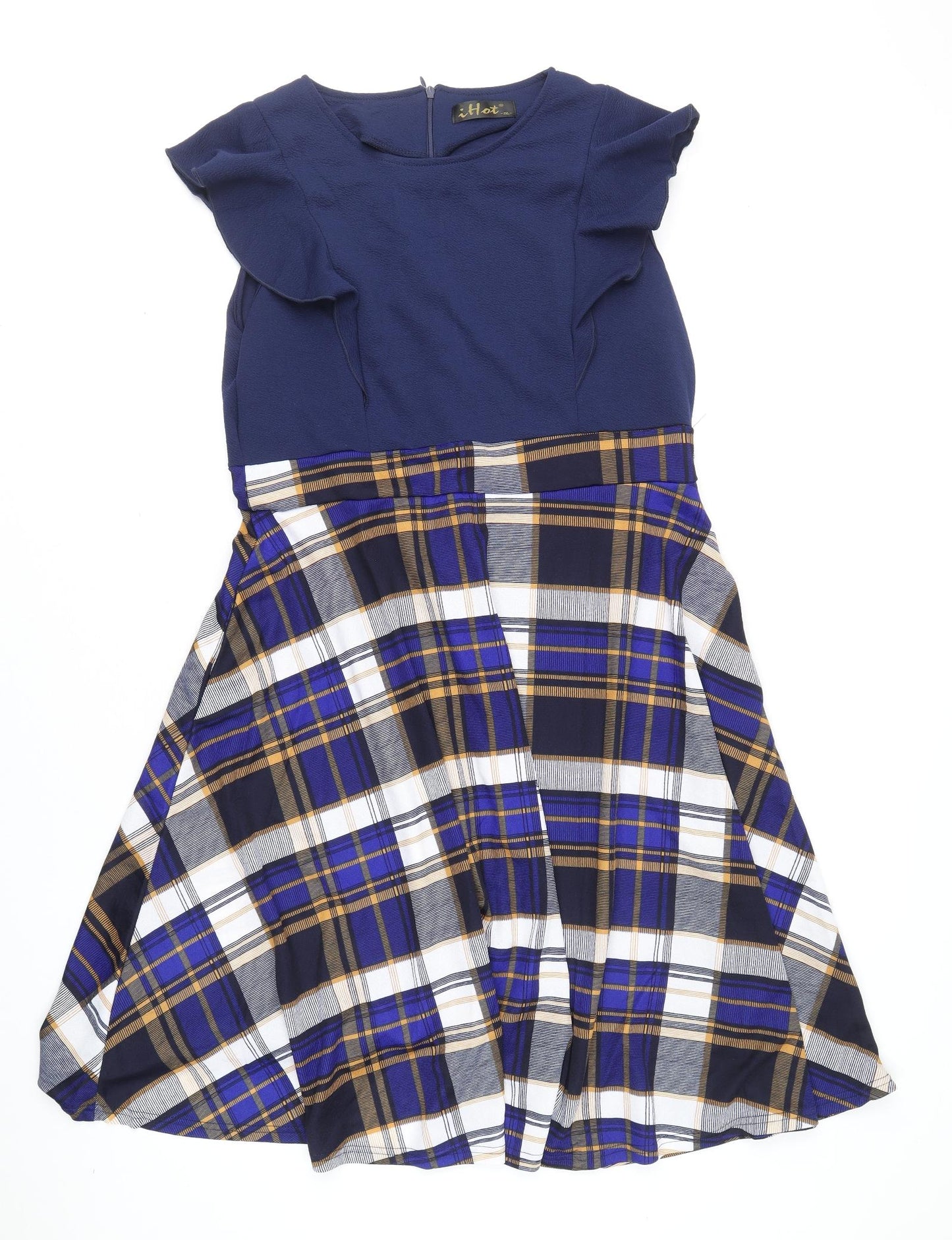 iHot Womens Blue Plaid Polyester Fit & Flare Size 2XL Scoop Neck Zip