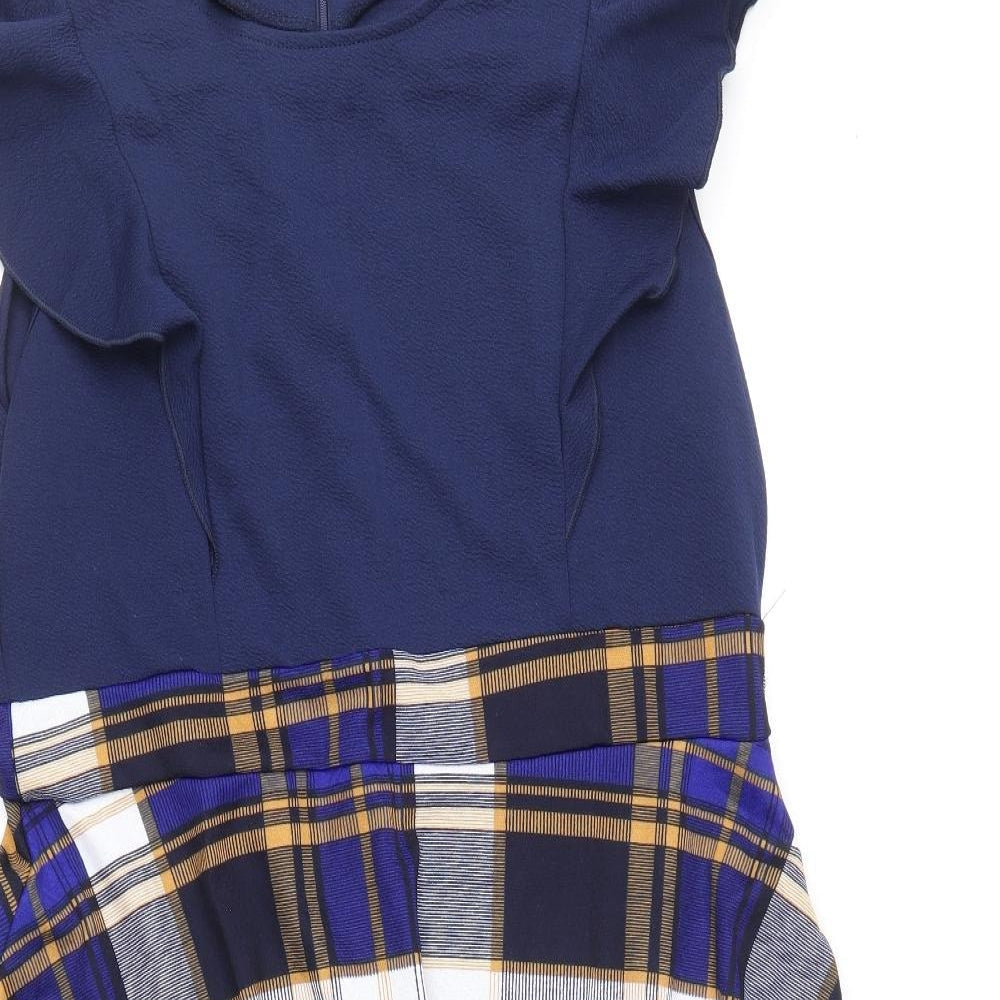 iHot Womens Blue Plaid Polyester Fit & Flare Size 2XL Scoop Neck Zip