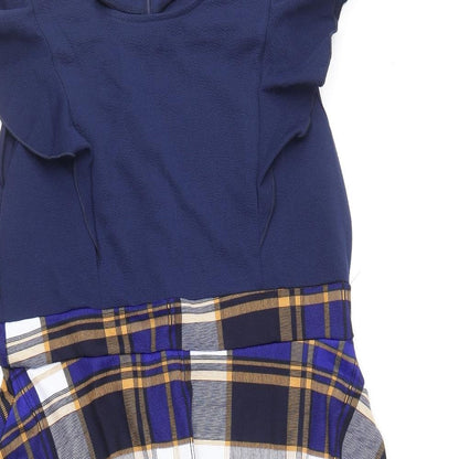 iHot Womens Blue Plaid Polyester Fit & Flare Size 2XL Scoop Neck Zip