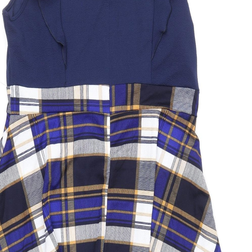 iHot Womens Blue Plaid Polyester Fit & Flare Size 2XL Scoop Neck Zip