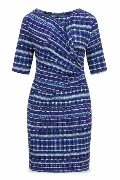 Per Una Womens Blue Geometric Viscose Pencil Dress Size 12 V-Neck Pullover - Side Ruched