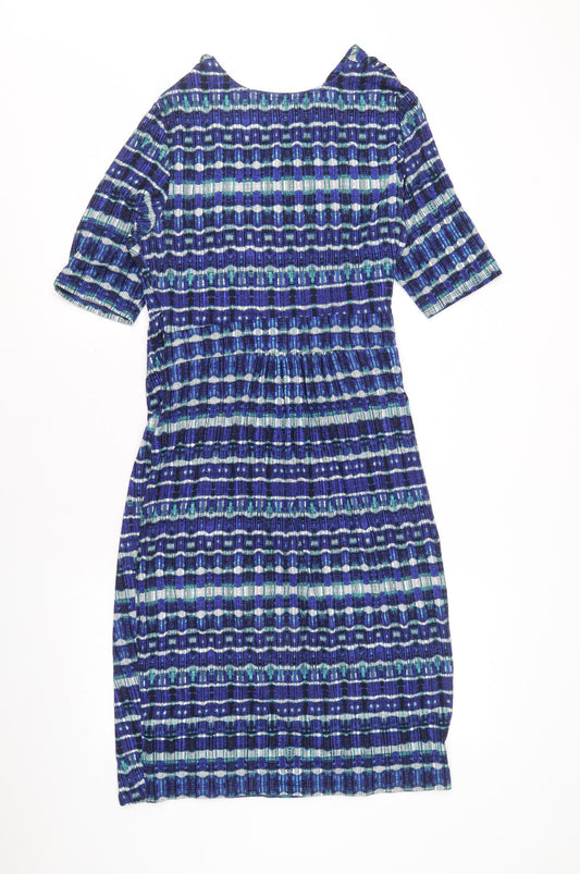 Per Una Womens Blue Geometric Viscose Pencil Dress Size 12 V-Neck Pullover - Side Ruched