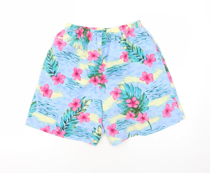 Susan Graver Womens Blue Floral Polyester Bermuda Shorts Size S Regular Pull On