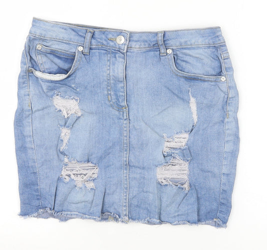 Parisian Womens Blue Cotton Straight & Pencil Skirt Size 10 Zip - Distressed Look