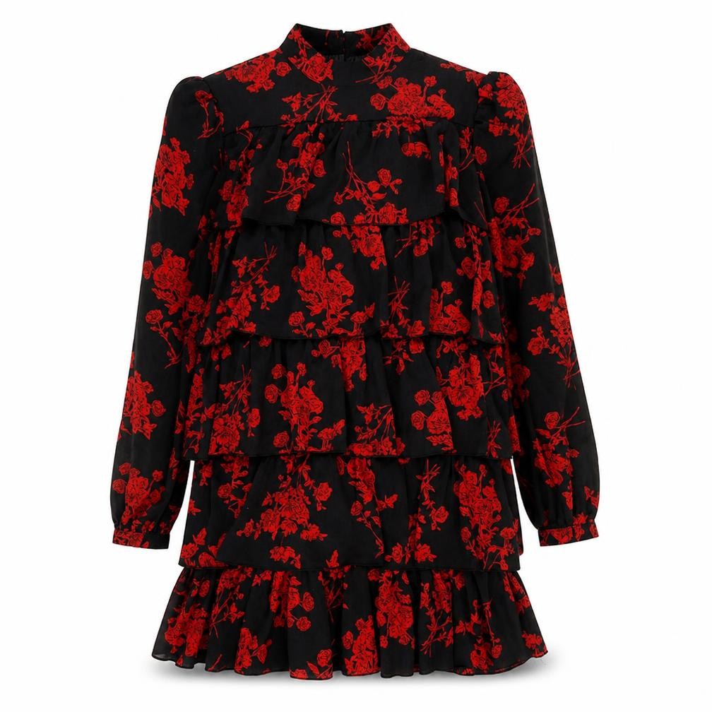 Missguided Womens Black Floral Polyester Mini Size 8 Mock Neck Button