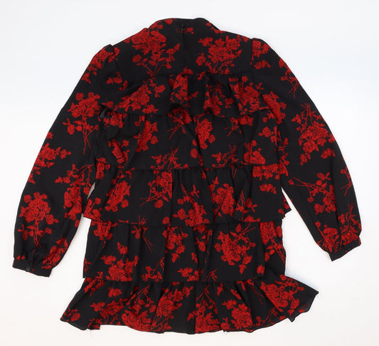 Missguided Womens Black Floral Polyester Mini Size 8 Mock Neck Button