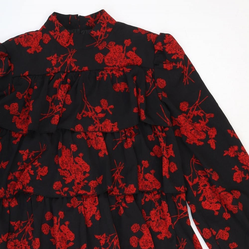 Missguided Womens Black Floral Polyester Mini Size 8 Mock Neck Button