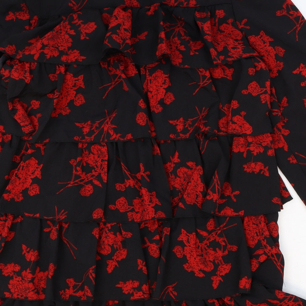 Missguided Womens Black Floral Polyester Mini Size 8 Mock Neck Button