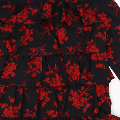 Missguided Womens Black Floral Polyester Mini Size 8 Mock Neck Button