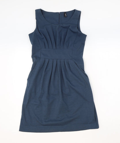 VERO MODA Womens Blue Polyester Shift Size S Boat Neck Zip - Front Pleat Detail
