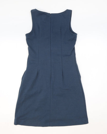 VERO MODA Womens Blue Polyester Shift Size S Boat Neck Zip - Front Pleat Detail