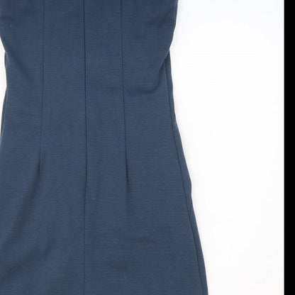 VERO MODA Womens Blue Polyester Shift Size S Boat Neck Zip - Front Pleat Detail