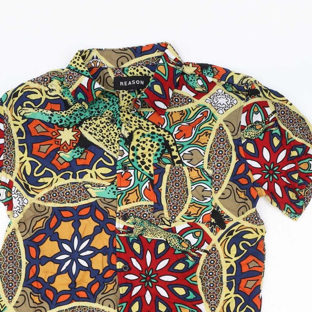 Reason Womens Multicoloured Geometric Viscose Basic Button-Up Size M Collared