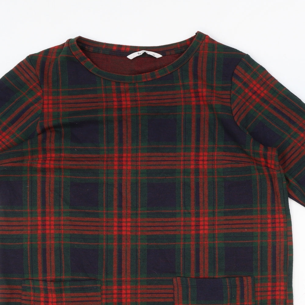 TU Womens Multicoloured Plaid Polyester A-Line Size 12 Round Neck Pullover