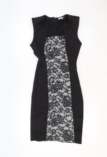 New Look Womens Black Floral Polyester A-Line Size 8 Square Neck Zip