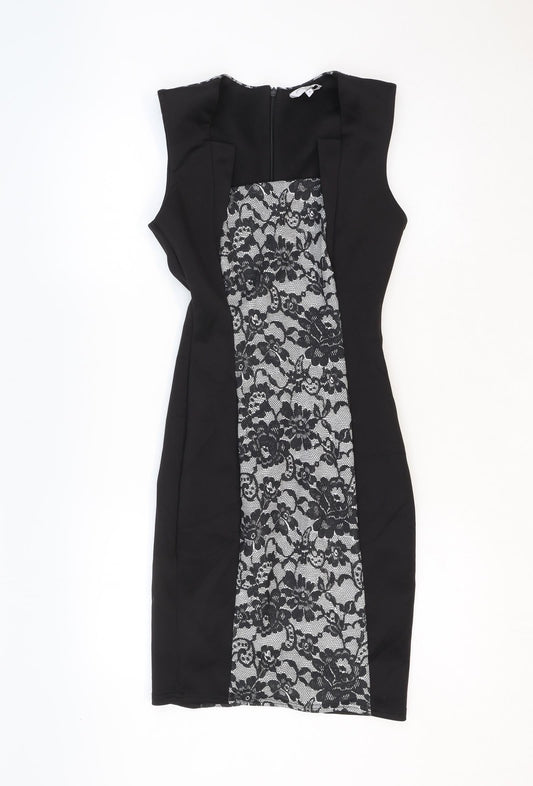 New Look Womens Black Floral Polyester A-Line Size 8 Square Neck Zip