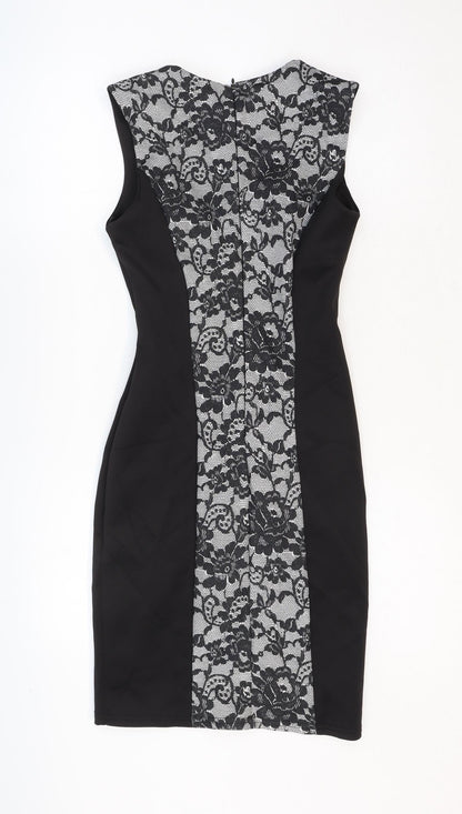 New Look Womens Black Floral Polyester A-Line Size 8 Square Neck Zip