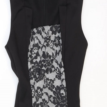 New Look Womens Black Floral Polyester A-Line Size 8 Square Neck Zip