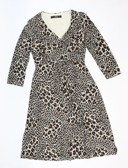 Julian McDonald Womens Beige Animal Print Polyester Fit & Flare Size 12 V-Neck Pullover