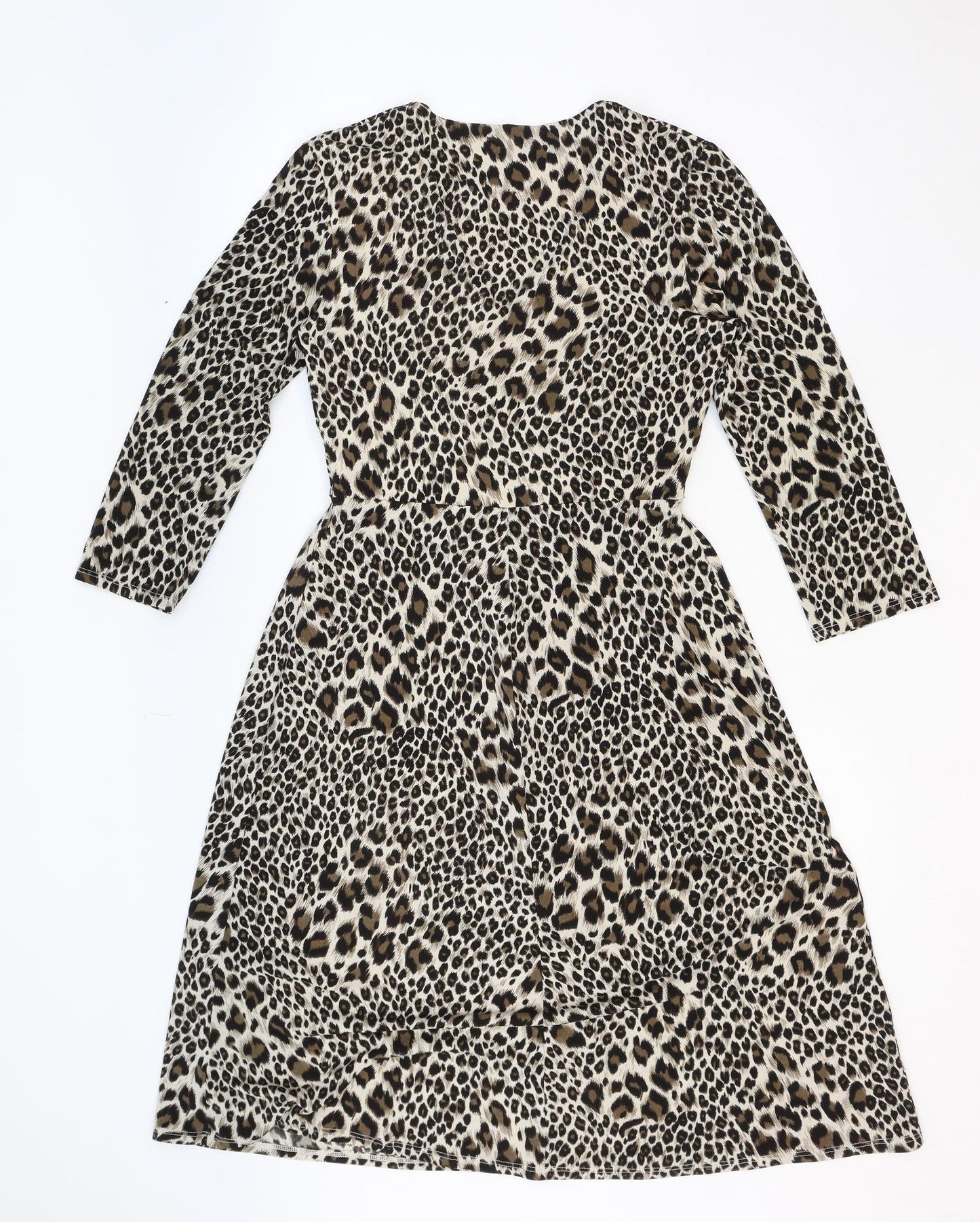 Julian McDonald Womens Beige Animal Print Polyester Fit & Flare Size 12 V-Neck Pullover