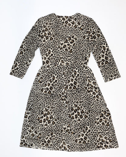 Julian McDonald Womens Beige Animal Print Polyester Fit & Flare Size 12 V-Neck Pullover