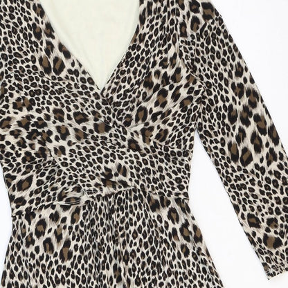 Julian McDonald Womens Beige Animal Print Polyester Fit & Flare Size 12 V-Neck Pullover