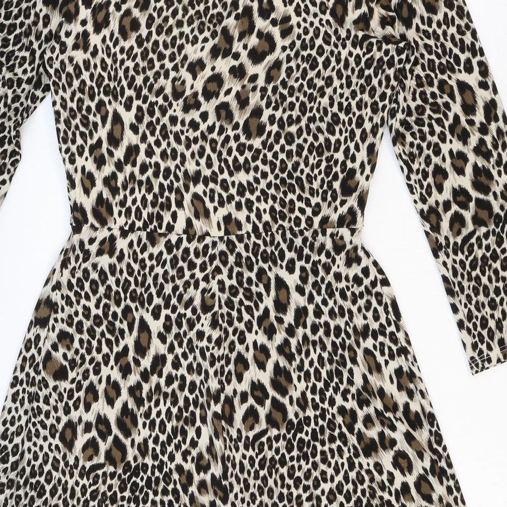 Julian McDonald Womens Beige Animal Print Polyester Fit & Flare Size 12 V-Neck Pullover