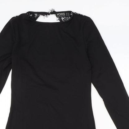 Yoins Womens Black Polyester A-Line Size 10 Round Neck Button