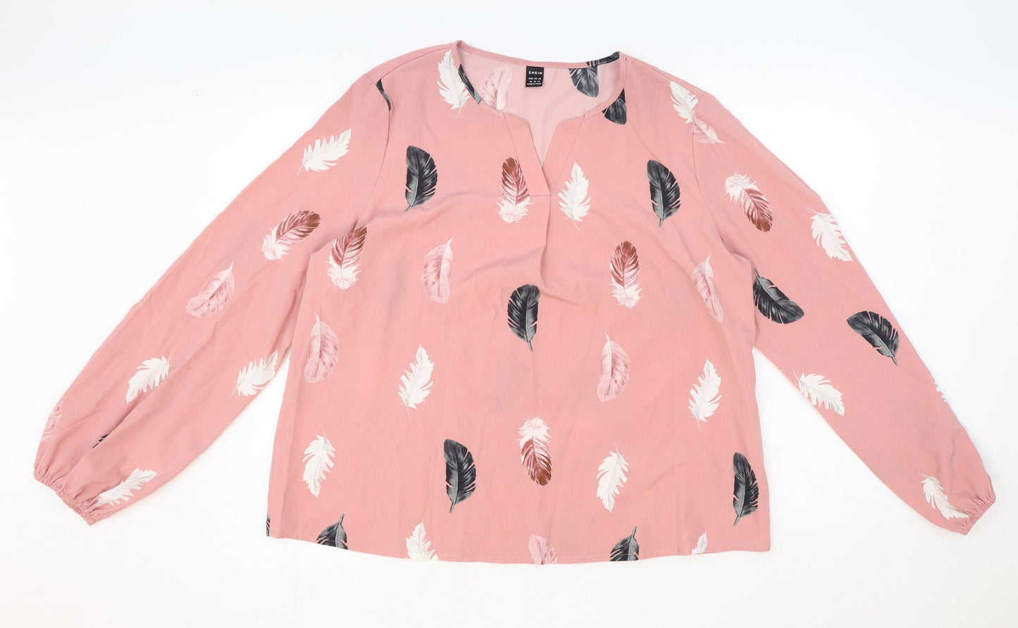SheIn Womens Pink Geometric Polyester Basic Blouse Size XL V-Neck - Feather Print