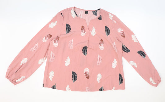 SheIn Womens Pink Geometric Polyester Basic Blouse Size XL V-Neck - Feather Print