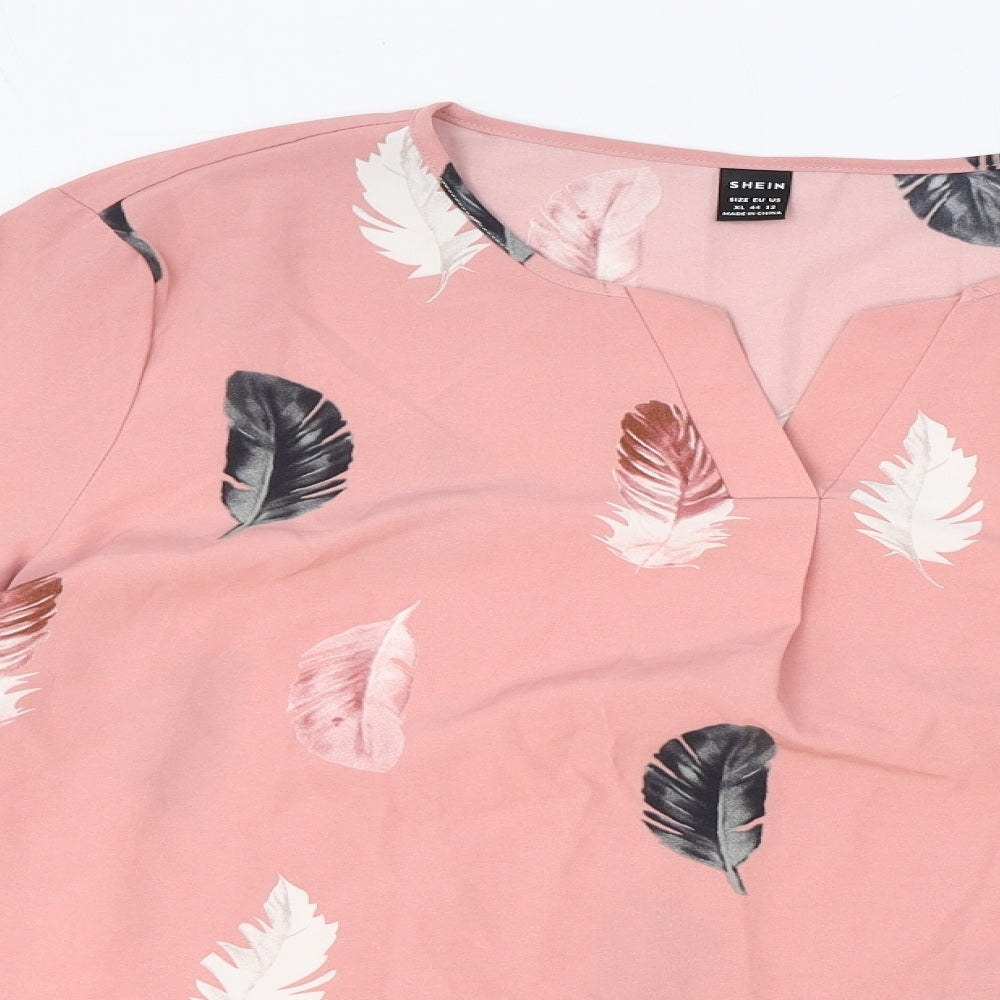 SheIn Womens Pink Geometric Polyester Basic Blouse Size XL V-Neck - Feather Print