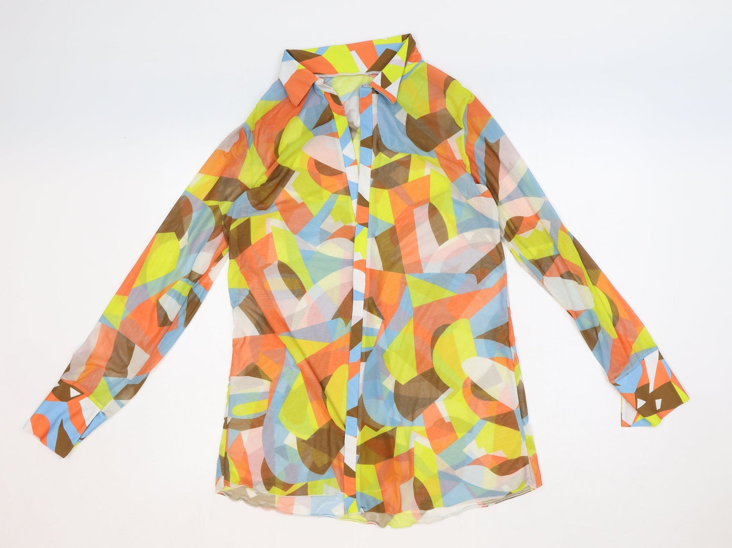 Preworn Womens Multicoloured Geometric Polyester Basic Blouse Size S Collared