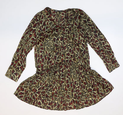 Zara Womens Yellow Animal Print Polyester Fit & Flare Size M V-Neck Button - Snakeskin Pattern