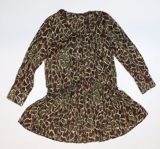 Zara Womens Yellow Animal Print Polyester Fit & Flare Size M V-Neck Button - Snakeskin Pattern