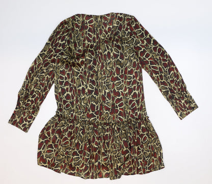Zara Womens Yellow Animal Print Polyester Fit & Flare Size M V-Neck Button - Snakeskin Pattern