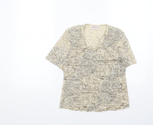 Bonmarché Womens Beige Geometric Polyester Basic T-Shirt Size S V-Neck