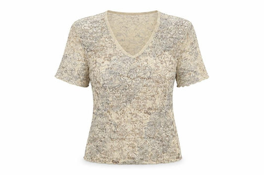 Bonmarché Womens Beige Geometric Polyester Basic T-Shirt Size S V-Neck